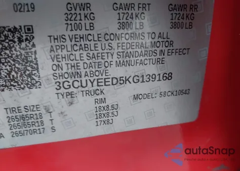 2019 Chevrolet Silverado 1500 Rst z USA, uszkodzony, nr VIN 3GCUYEED5KG139168